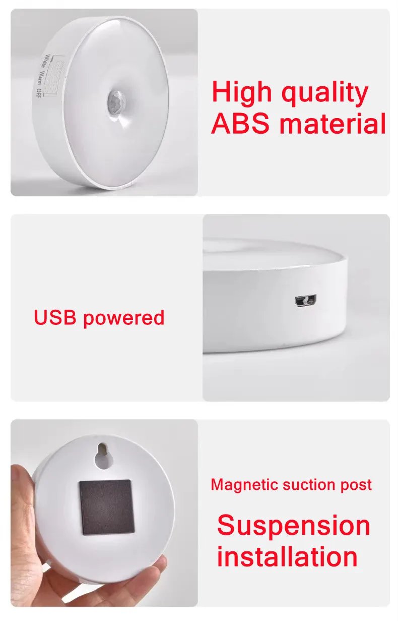 Motion Sensor Light Led USB NightLights Round Chargeable Lamp for Bedroom Kitchen Stair Hallway Wardrobe Lighting Cupboard