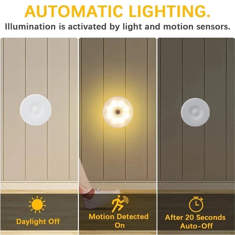 Motion Sensor Light Led USB NightLights Round Chargeable Lamp for Bedroom Kitchen Stair Hallway Wardrobe Lighting Cupboard