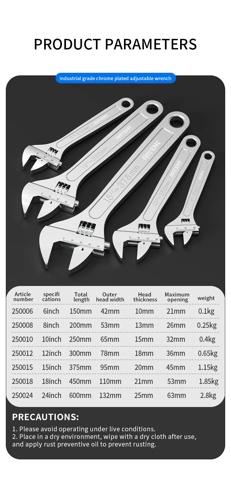 RAYENR Adjustable Wrench Large Openin long Handle Universal Spanner Carbon Steel Mechanical Workshop Hand Repair Tools RAYENR Adjustable Wrench Large Openin long Handle Universal Spanner Carbon Steel Mechanical Workshop Hand Repair Tools