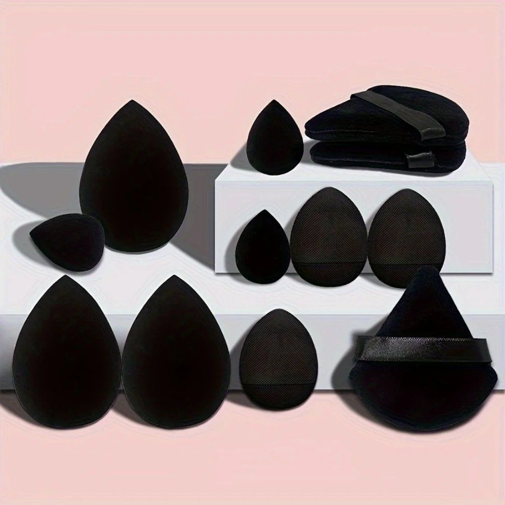 12 makeup puff sets: 3 fingertip puff, 3 triangle puff, 3 mini thumb drop egg and 3 drop egg, suitable for both wet and dry use
