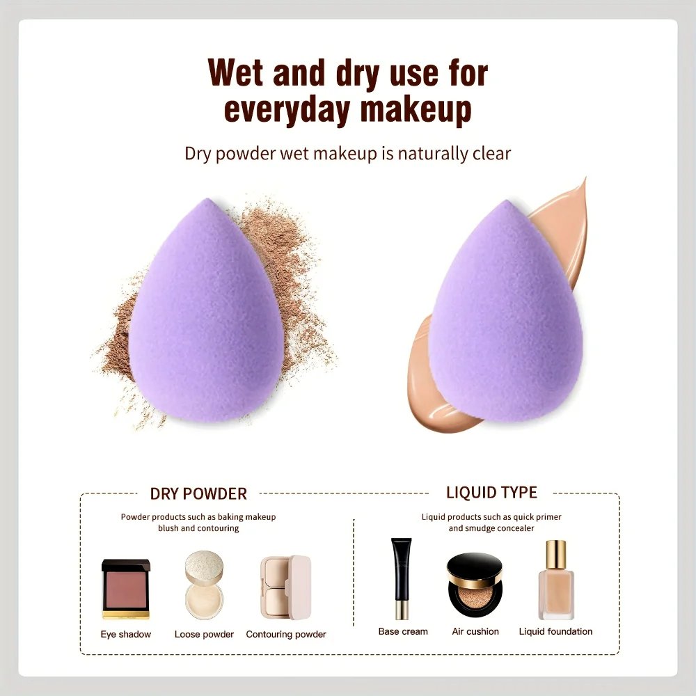 12 makeup puff sets: 3 fingertip puff, 3 triangle puff, 3 mini thumb drop egg and 3 drop egg, suitable for both wet and dry use