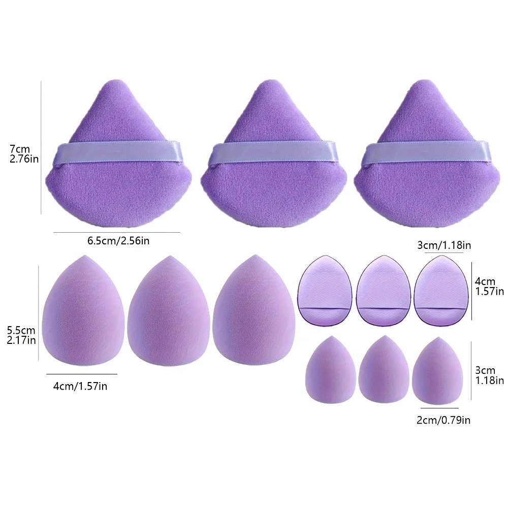 12 makeup puff sets: 3 fingertip puff, 3 triangle puff, 3 mini thumb drop egg and 3 drop egg, suitable for both wet and dry use