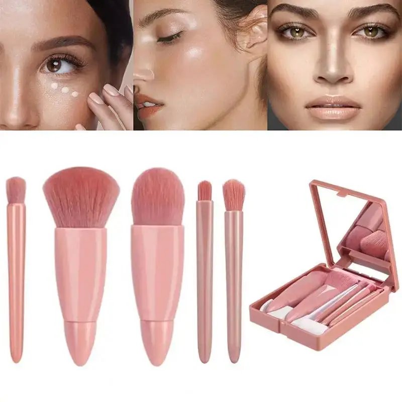 5pcs Travel Size Makeup Brushes Set Mini Makeup Brushes, Small Complete Function Cosmetic Brushes Kit With Case And Mirror5pcs T