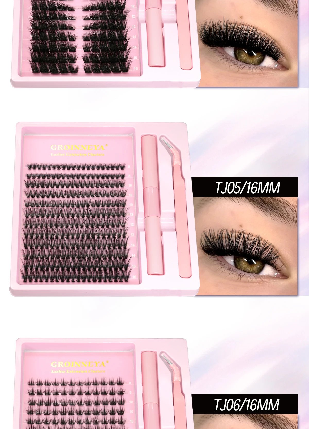 GROINNEYA Lash Clusters Kit With Waterproof Strong Hold DIY Lash Extension Kit Lash Bond And Seal And Eyelash Tweezers Makeup