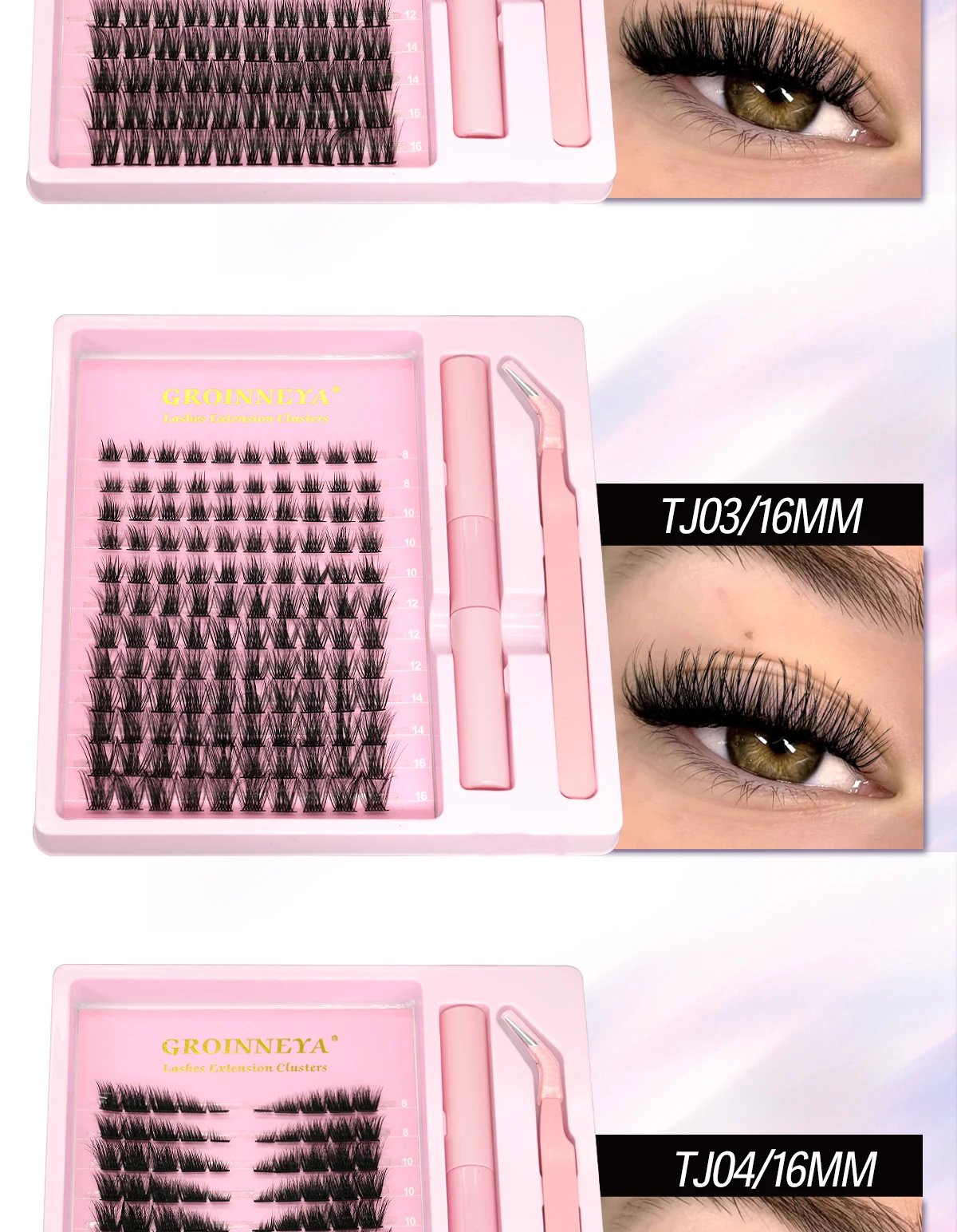 GROINNEYA Lash Clusters Kit With Waterproof Strong Hold DIY Lash Extension Kit Lash Bond And Seal And Eyelash Tweezers Makeup