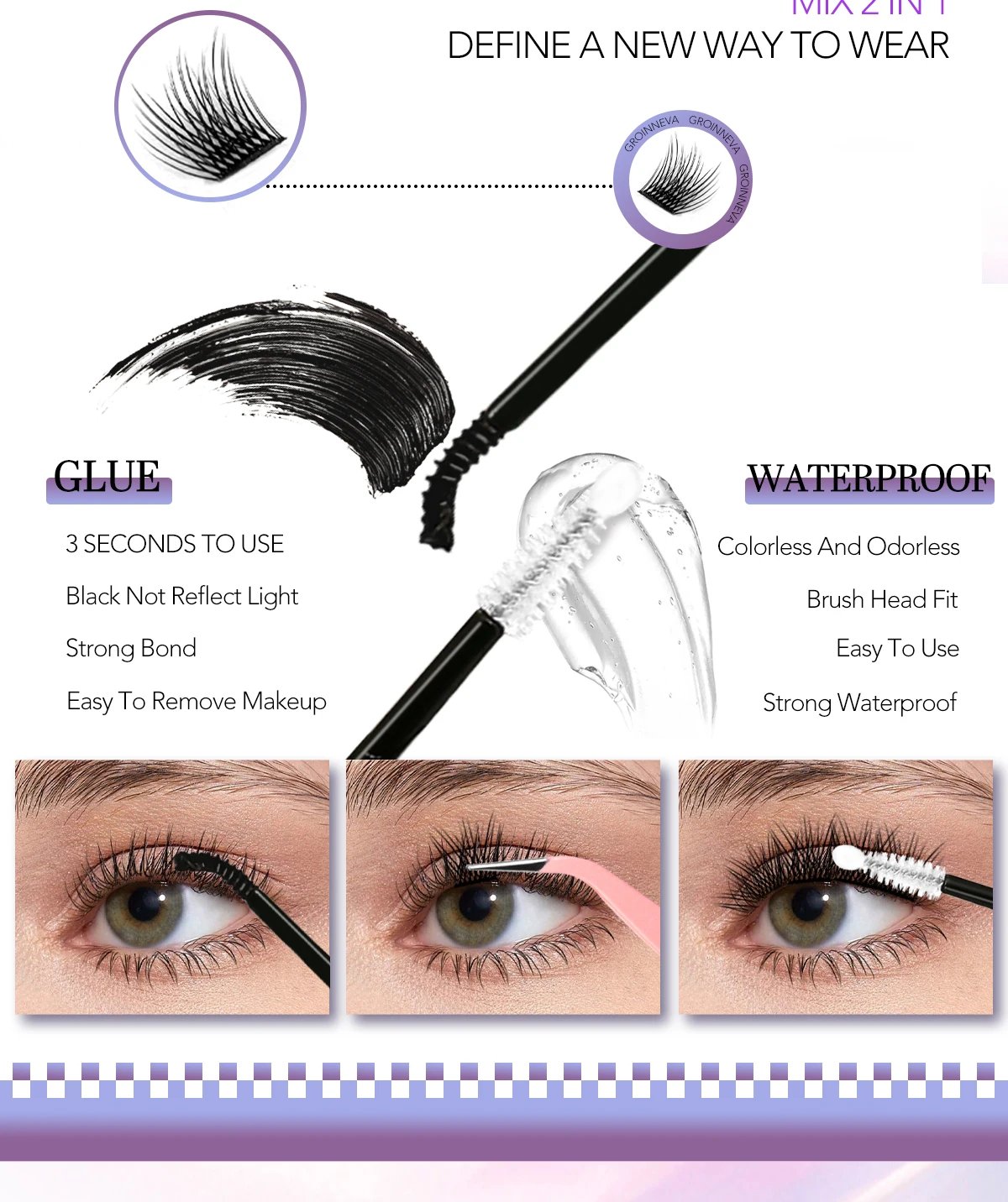 GROINNEYA Lash Clusters Kit With Waterproof Strong Hold DIY Lash Extension Kit Lash Bond And Seal And Eyelash Tweezers Makeup