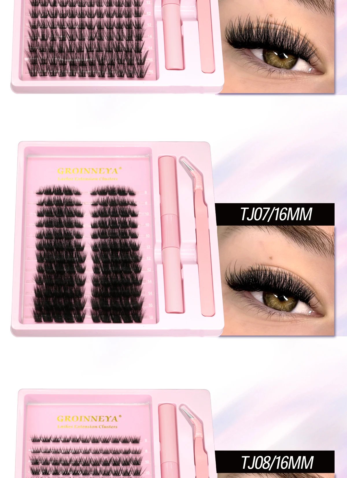 GROINNEYA Lash Clusters Kit With Waterproof Strong Hold DIY Lash Extension Kit Lash Bond And Seal And Eyelash Tweezers Makeup