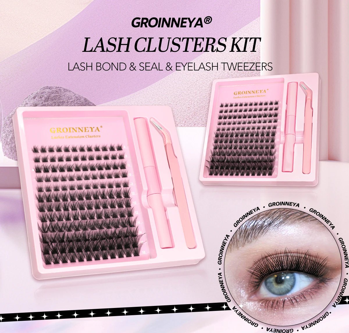 GROINNEYA Lash Clusters Kit With Waterproof Strong Hold DIY Lash Extension Kit Lash Bond And Seal And Eyelash Tweezers Makeup