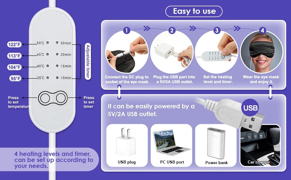 USB Heated Eye Mask Reusable USB Silk Steaming Eye Mask Eye Massager For Sleeping Eye Puffiness Anti Dark Circle Patch Eye Care