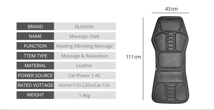 KLASVSA Electric Back Massager Massage Chair Cushion Heating Vibrator Car Home Office Lumbar Neck Mattress Pain Relief KLASVSA Electric Back Massager Massage Chair Cushion Heating Vibrator Car Home Office Lumbar Neck Mattress Pain Relief