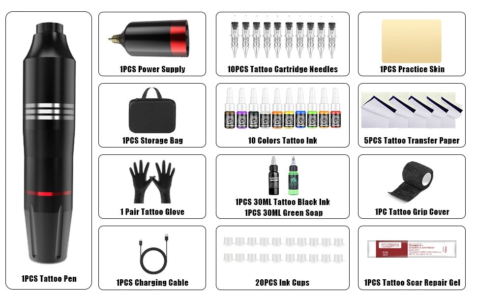 Professional Wireless Rotary Tattoo Machine Kit with 10Pcs Cartridge Needles Complete Set for Tattoo Artists and Beginners