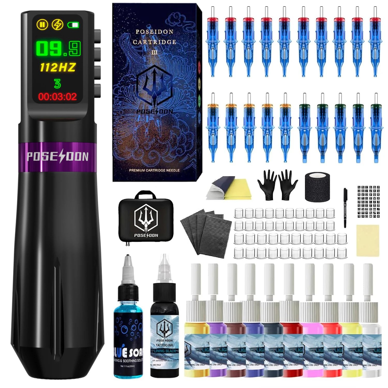 Tattoo Kit POSEIDON Memory Function Tattoo Gun Kit For Permanent Makeup Tattoo Machine Wireless Tattoo Power Supply Tattoo Kit