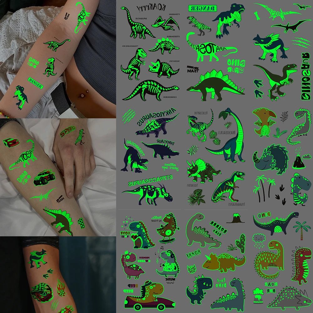 10pcs Luminous Cute Dinosaur Glow Waterproof Temporary Tattoo Stickers Animal Totem Flash Tatto Kids Arm Body Art Fake Tattoos