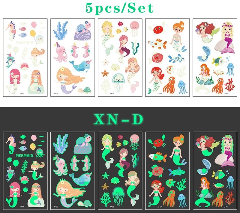 Luminous Tattoo 5 10pcs/Set Temporary Tattoos Mermaid Licorne Children Stickers for Kids Pokemon Tattoo Tattoo for Kids Unicorn