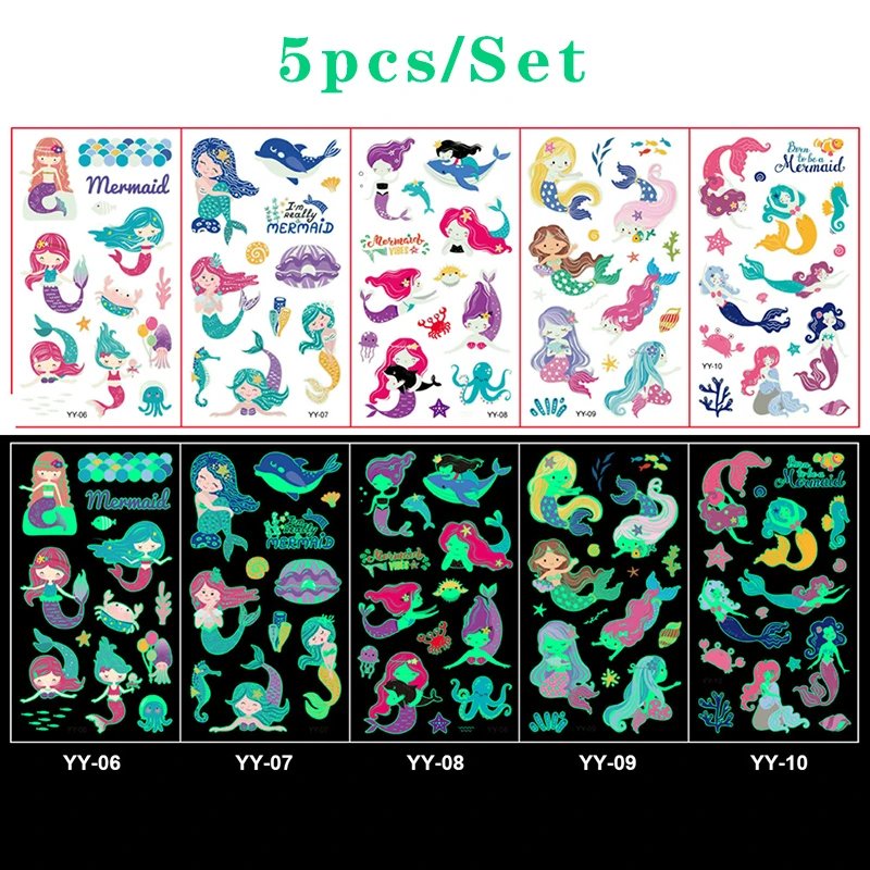 Luminous Tattoo 5 10pcs/Set Temporary Tattoos Mermaid Licorne Children Stickers for Kids Pokemon Tattoo Tattoo for Kids Unicorn
