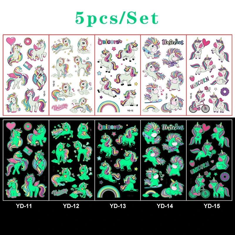 Luminous Tattoo 5 10pcs/Set Temporary Tattoos Mermaid Licorne Children Stickers for Kids Pokemon Tattoo Tattoo for Kids Unicorn