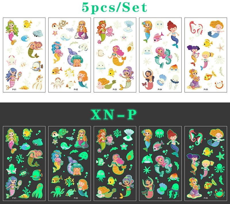 Luminous Tattoo 5 10pcs/Set Temporary Tattoos Mermaid Licorne Children Stickers for Kids Pokemon Tattoo Tattoo for Kids Unicorn