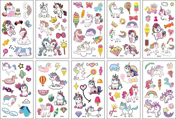 10PCS New Tattoos for Children Transfer Tattoos for Kids Mini Waterproof Tattoos Festival Glitters Face Unicorn Animals Stickers