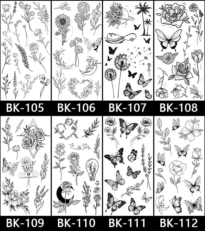 Butterfly Fake Tattoo for Woman Black Flower Tattoo Sketch Tattoo Sticker  Rose Blossom Tattoo Temporary Waterproof