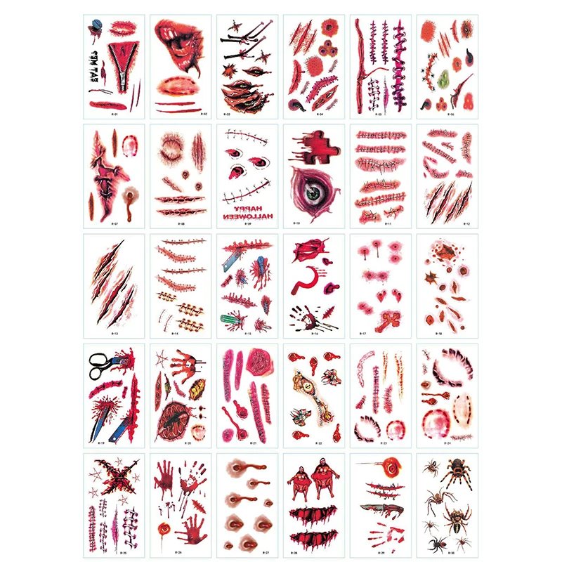 30Pcs Halloween Lifelike Bloody Wound Scary Waterproof Temporary Tattoo Stickers
