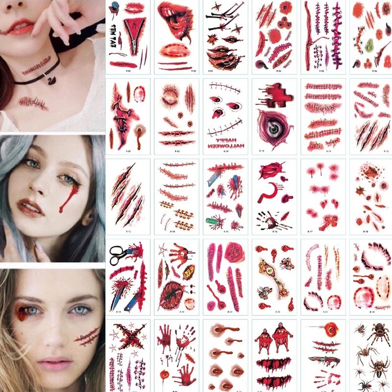 30Pcs Halloween Lifelike Bloody Wound Scary Waterproof Temporary Tattoo Stickers
