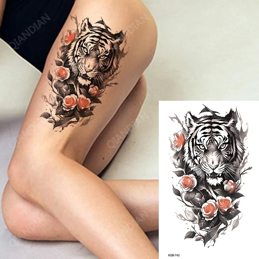 Tiger King Flower Fake Women Tattoo Waterproof Temporary Sticker Flash Animal Fox Wolf Clock Arm Art Beauty Totem Sexy Paint