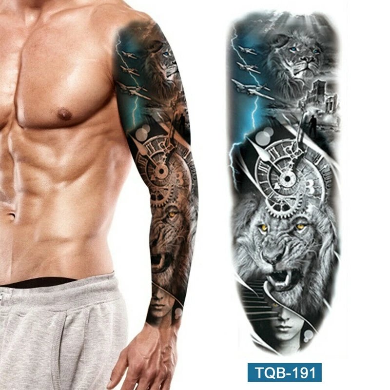 14 Design Big Arm Sleeve Tattoo Crown Lion Wolf Rose Skull Waterproof Temporary Tattoo Sticker Body Art Fake Tattoo Women Men