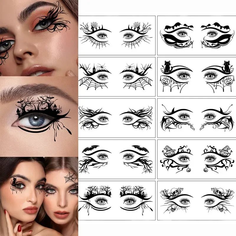 10 Halloween Removable Temporary Eye Tattoo Stickers,Can Be Used Realistic Tattoos,Waterproof and Sweatproof,Halloween Makeup