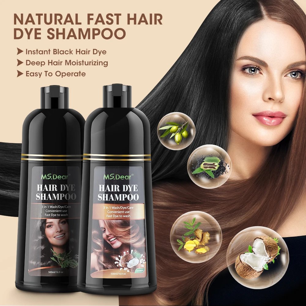 500ml Organic Natural Fast Hair Dye Black Shampoo Plant Essence Black Hair Color Dye Shampoo For Cover Gray White Hair