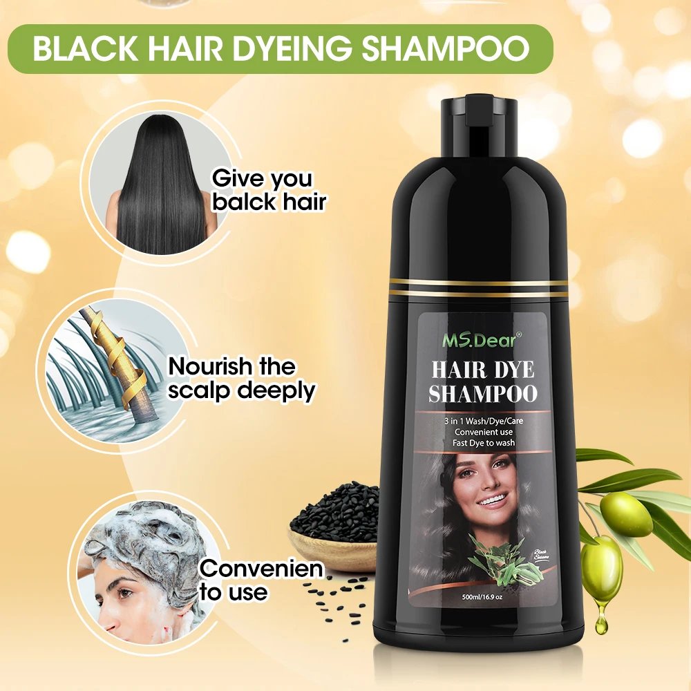 500ml Organic Natural Fast Hair Dye Black Shampoo Plant Essence Black Hair Color Dye Shampoo For Cover Gray White Hair