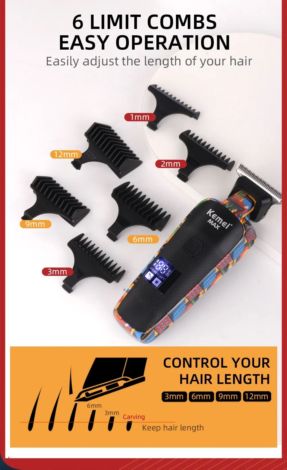 Kemei-5090 Hair Trimmers with Digital Display, Professional Barber Pusher for Men, Random Graffiti Pattern Hair Clipper Electric