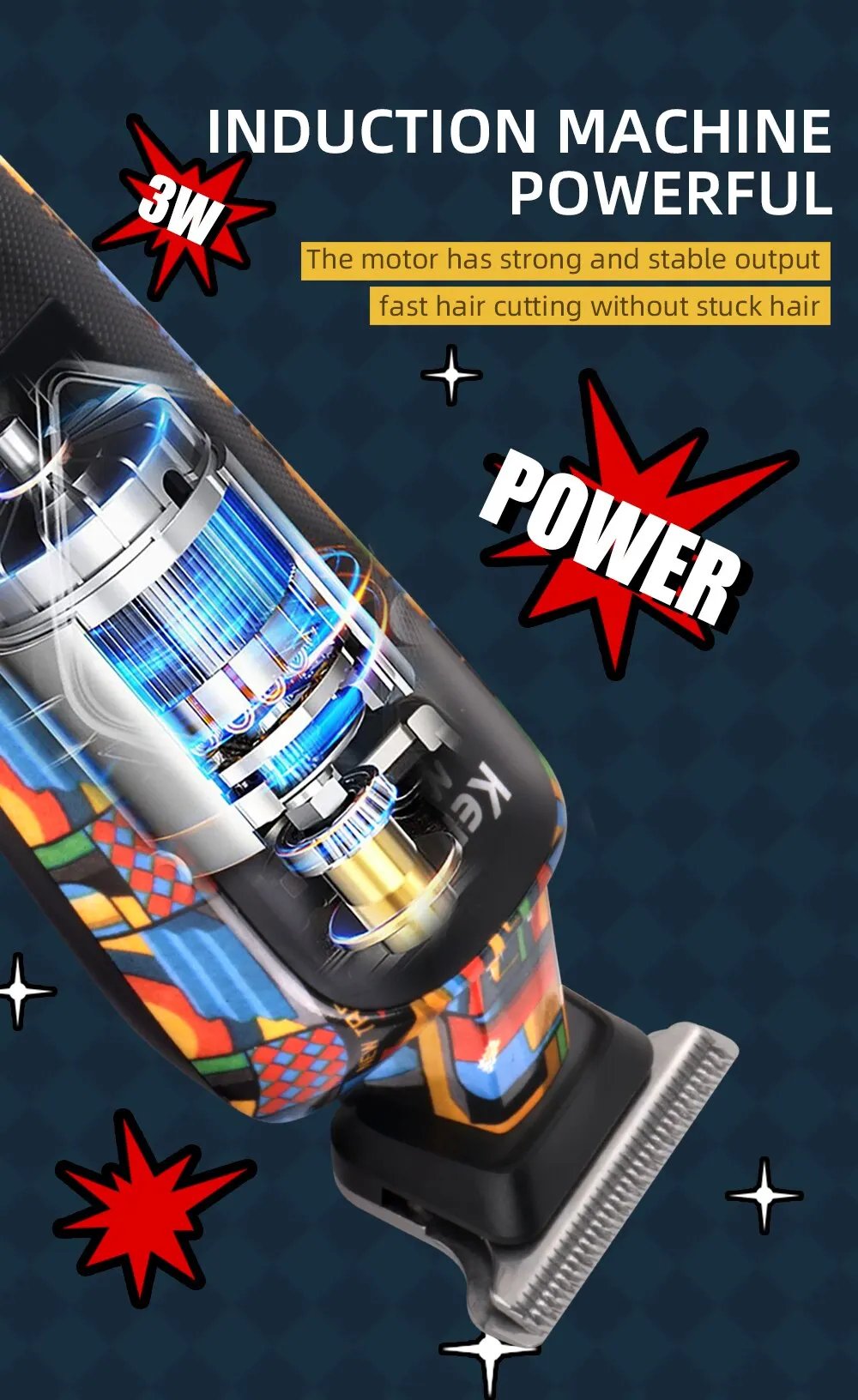 Kemei-5090 Hair Trimmers with Digital Display, Professional Barber Pusher for Men, Random Graffiti Pattern Hair Clipper Electric