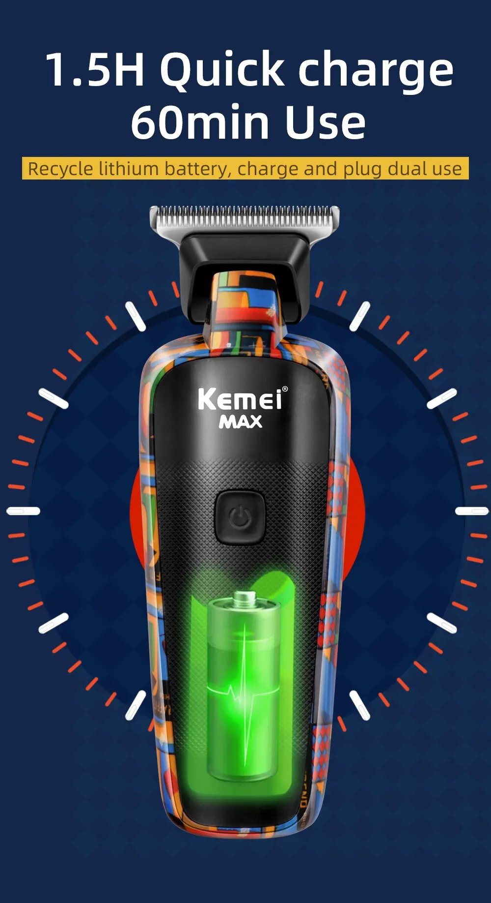 Kemei-5090 Hair Trimmers with Digital Display, Professional Barber Pusher for Men, Random Graffiti Pattern Hair Clipper Electric