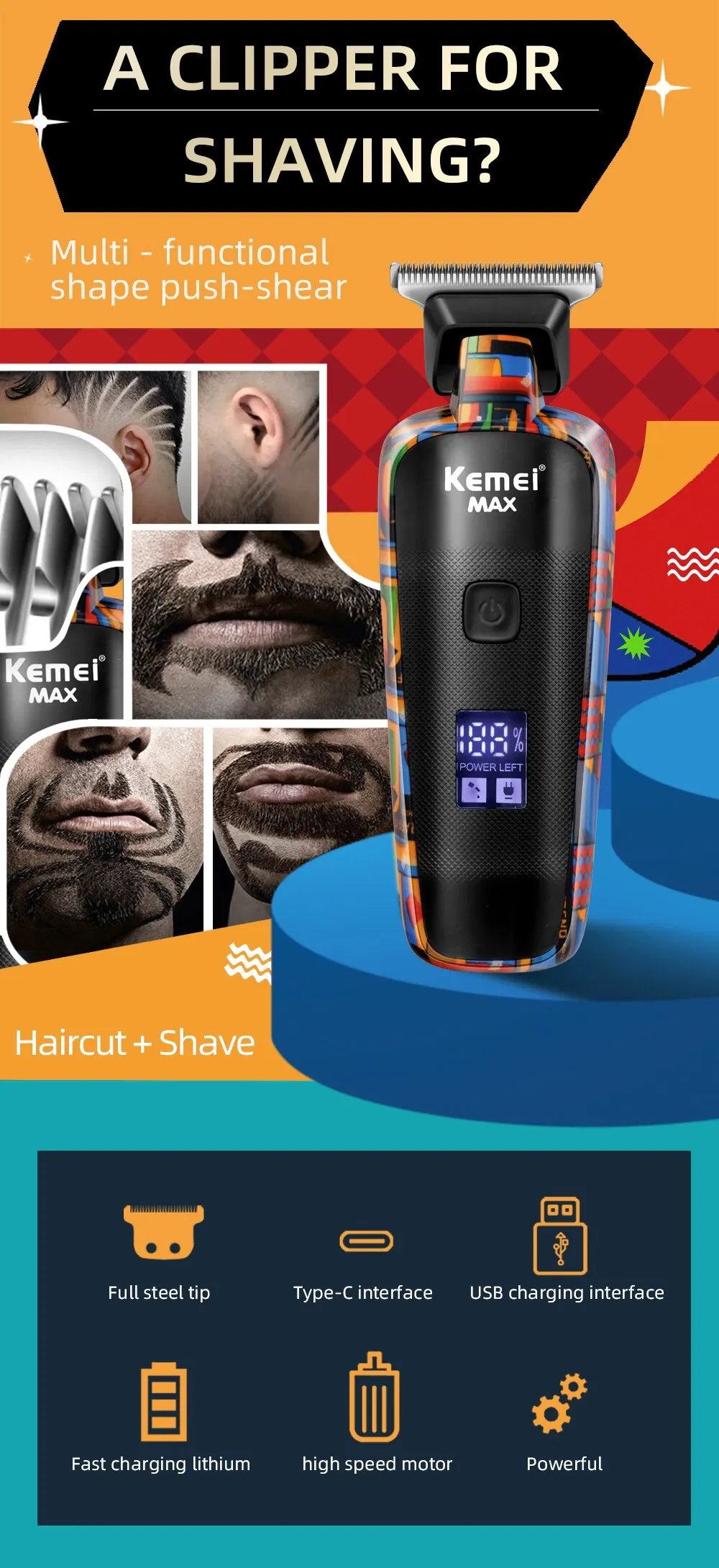 Kemei-5090 Hair Trimmers with Digital Display, Professional Barber Pusher for Men, Random Graffiti Pattern Hair Clipper Electric