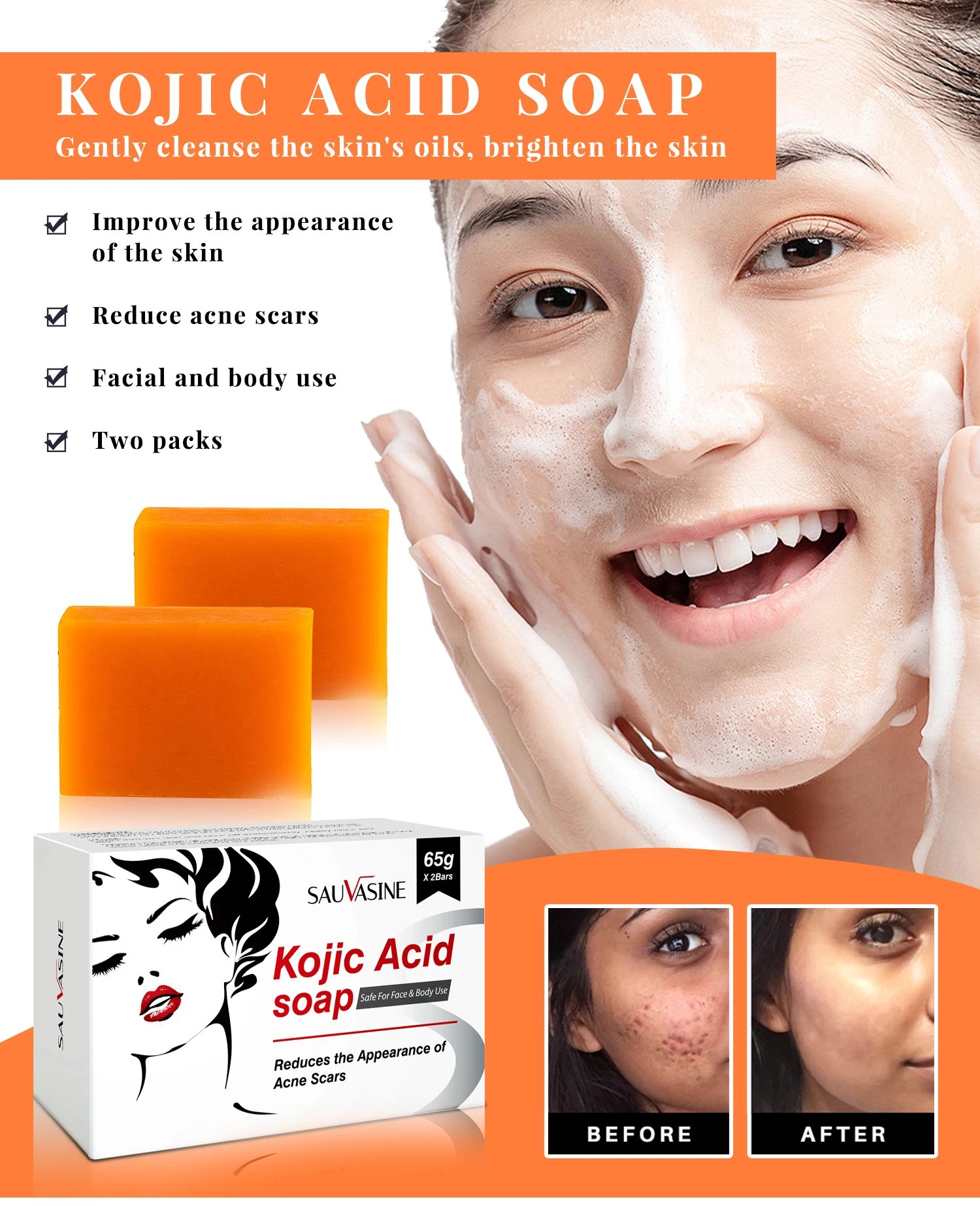 Kojic Acid Glow Soap Facial Deep Cleaning Even Skin Tone Skin Lightening Soap Oil Control Moisturizing Skin Care 65g x2