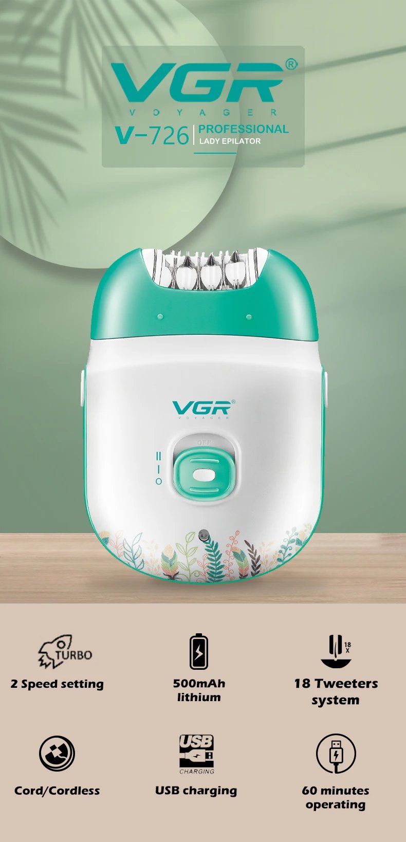 Original VGR Rechargeable Women Epilator Electric Female Epilator For Face Hair Removal Machine Facial Legs Depilatory Body