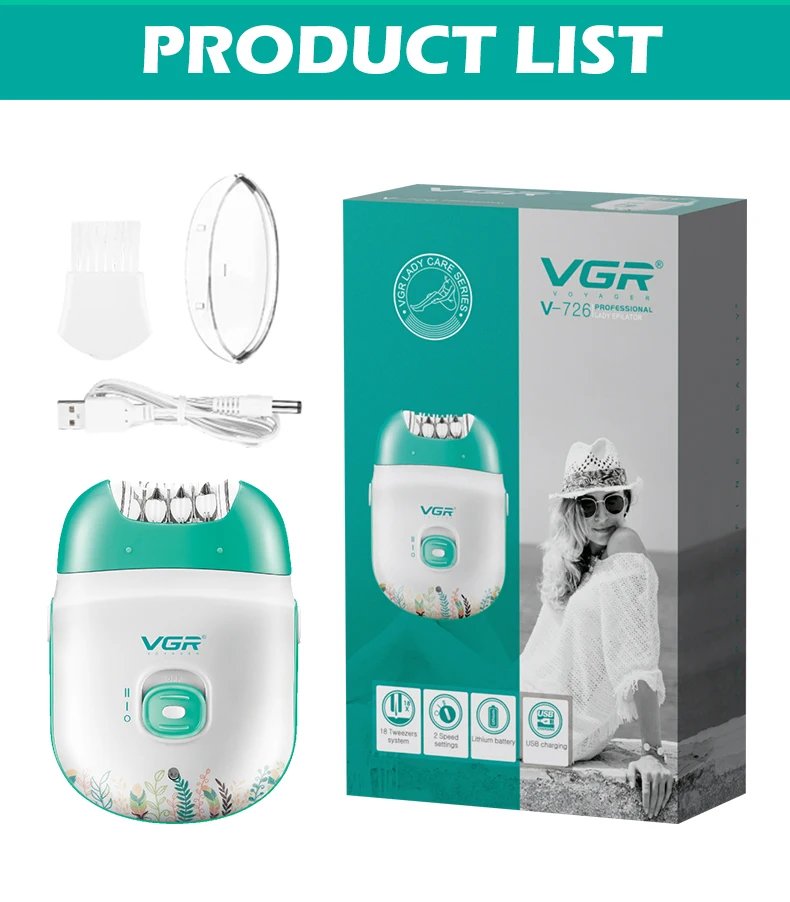 Original VGR Rechargeable Women Epilator Electric Female Epilator For Face Hair Removal Machine Facial Legs Depilatory Body