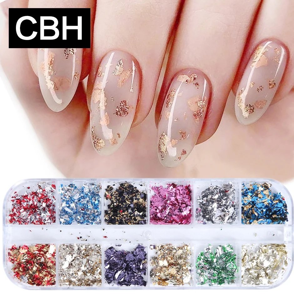 12 Color Foils Gorgeous Nails Glitter Aluminum Flakes Chip Nail Design Shiny Kismis Nail Art Decoration, 1 Box