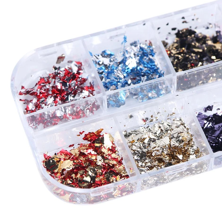 12 Color Foils Gorgeous Nails Glitter Aluminum Flakes Chip Nail Design Shiny Kismis Nail Art Decoration, 1 Box