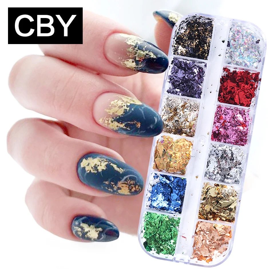 12 Color Foils Gorgeous Nails Glitter Aluminum Flakes Chip Nail Design Shiny Kismis Nail Art Decoration, 1 Box