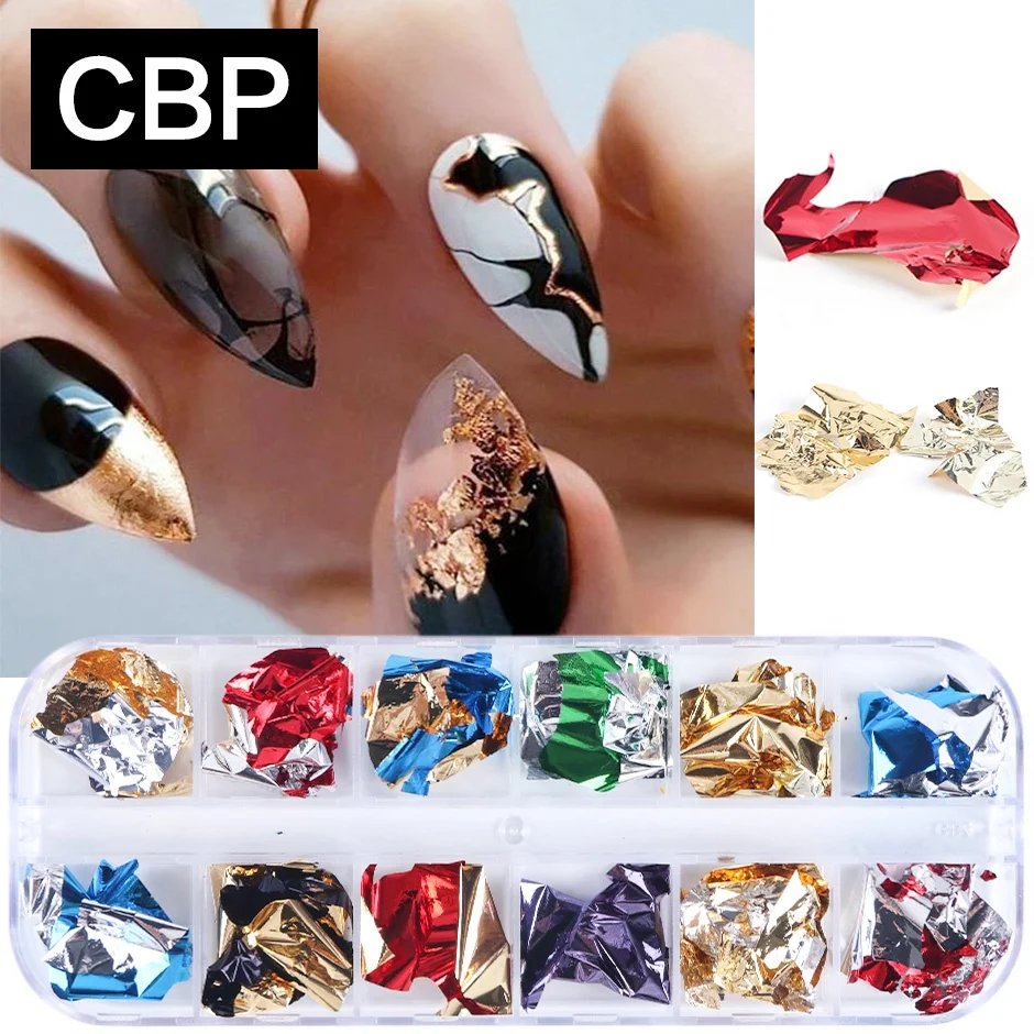 12 Color Foils Gorgeous Nails Glitter Aluminum Flakes Chip Nail Design Shiny Kismis Nail Art Decoration, 1 Box