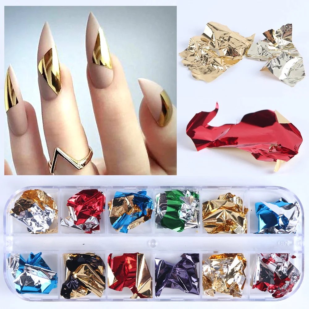 12 Color Foils Gorgeous Nails Glitter Aluminum Flakes Chip Nail Design Shiny Kismis Nail Art Decoration, 1 Box