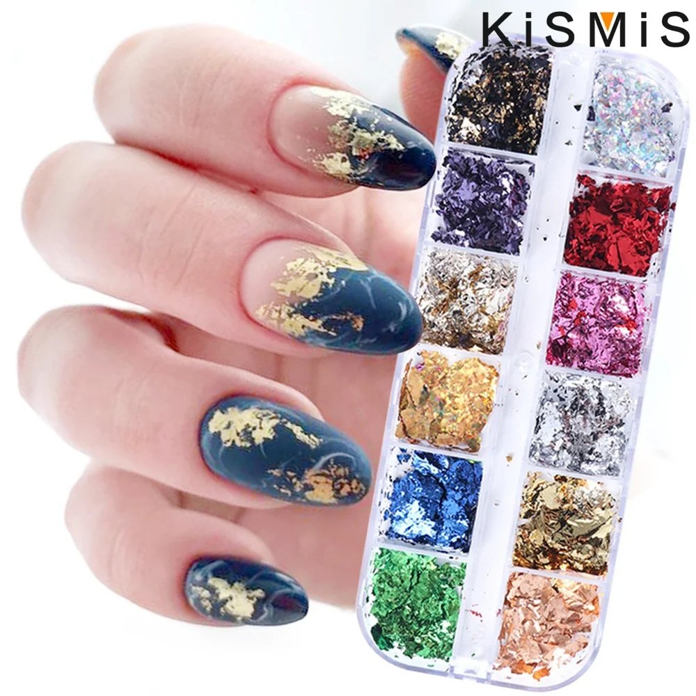 12 Color Foils Gorgeous Nails Glitter Aluminum Flakes Chip Nail Design Shiny Kismis Nail Art Decoration, 1 Box