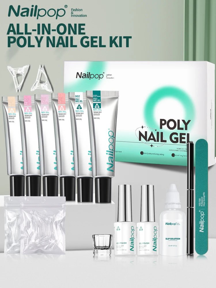 Nailpop Poly Nail Extension Gel Kit 6 Colors Pink White Nude Tips Gel Clear Nail Art Kit with Brush and Slip Solution Nail Salon