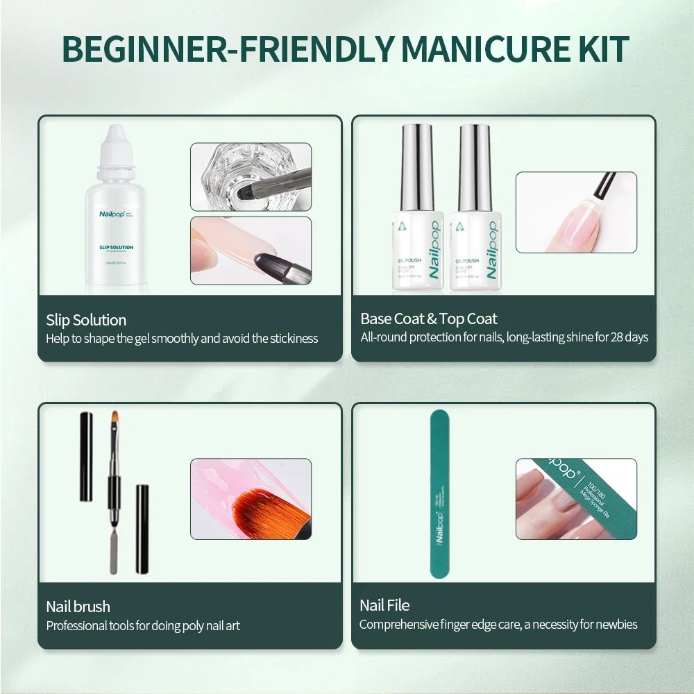 Nailpop Poly Nail Extension Gel Kit 6 Colors Pink White Nude Tips Gel Clear Nail Art Kit with Brush and Slip Solution Nail Salon Nailpop Poly Nail Extension Gel Kit 6 Colors Pink White Nude Tips Gel Clear Nail Art Kit with Brush and Slip Solution Nail Salon