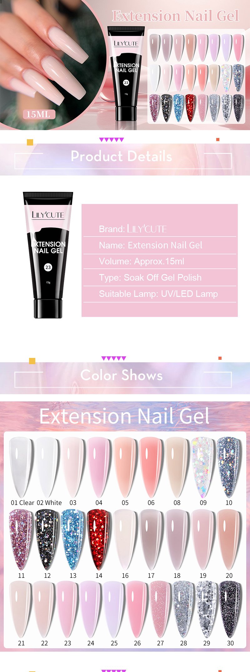 LILYCUTE 15ml Nail Extension Gel Kit With LED Lamp Full Manicure Tool Set Quick Finger Extend Acrylic Crystal Construction Gel