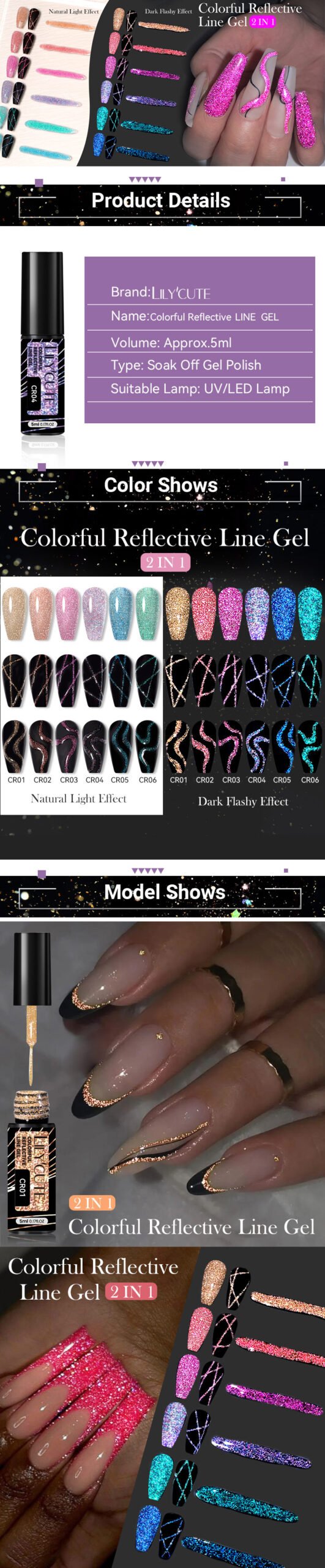 LILYCUTE 6Pcs Colorful Reflective Glitter Nail Art Liner Gel Nail Kit Sparkling Painting Gel Nail Polish Semi Permanent UV Gel