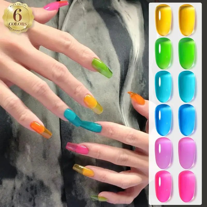BORN PRETTY 7ml 6Pcs Soda Ice Jelly Gel Nail Polish Set Gorgeous Color Full Coverage Semi Permanent Varnish Soak Off UV Gel