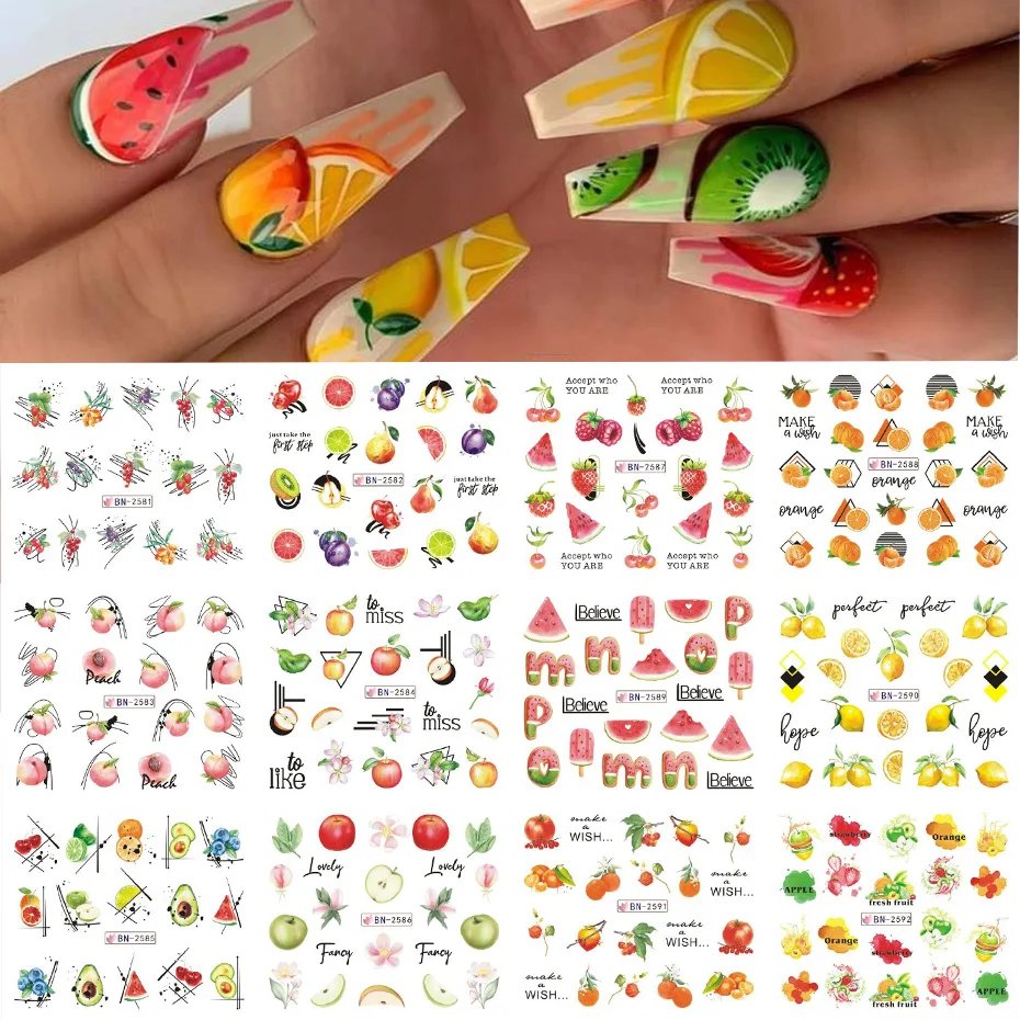 12 pcs Nail Sticker Set Summer Water Decal Nail Art Ink Flowers Leaves Graffiti Slider for Nail Decoration Foils Tattoo