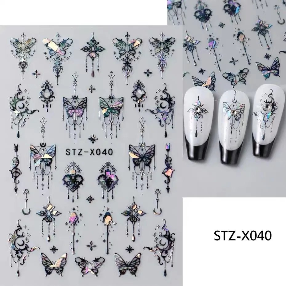 Metal Mirror Butterfly Sticker Black White Butterfly Laser Nail Stickers Y2K Nail Art DIY Manicure Decoration Lace Nails Sticker